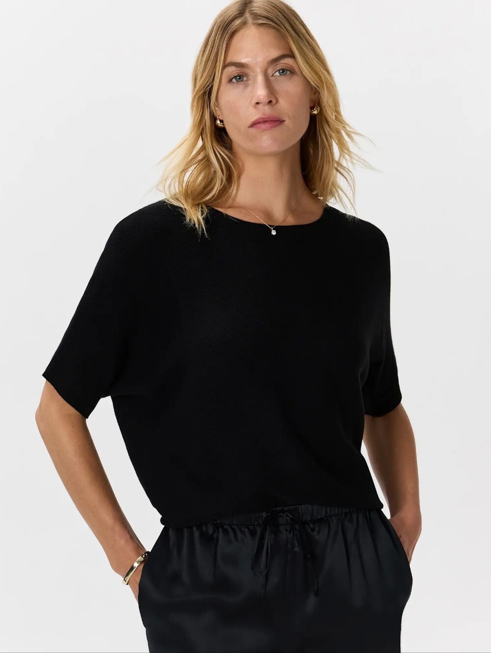 Quince Cotton Cashmere Dolman Sleeve Sweater, Black, Large